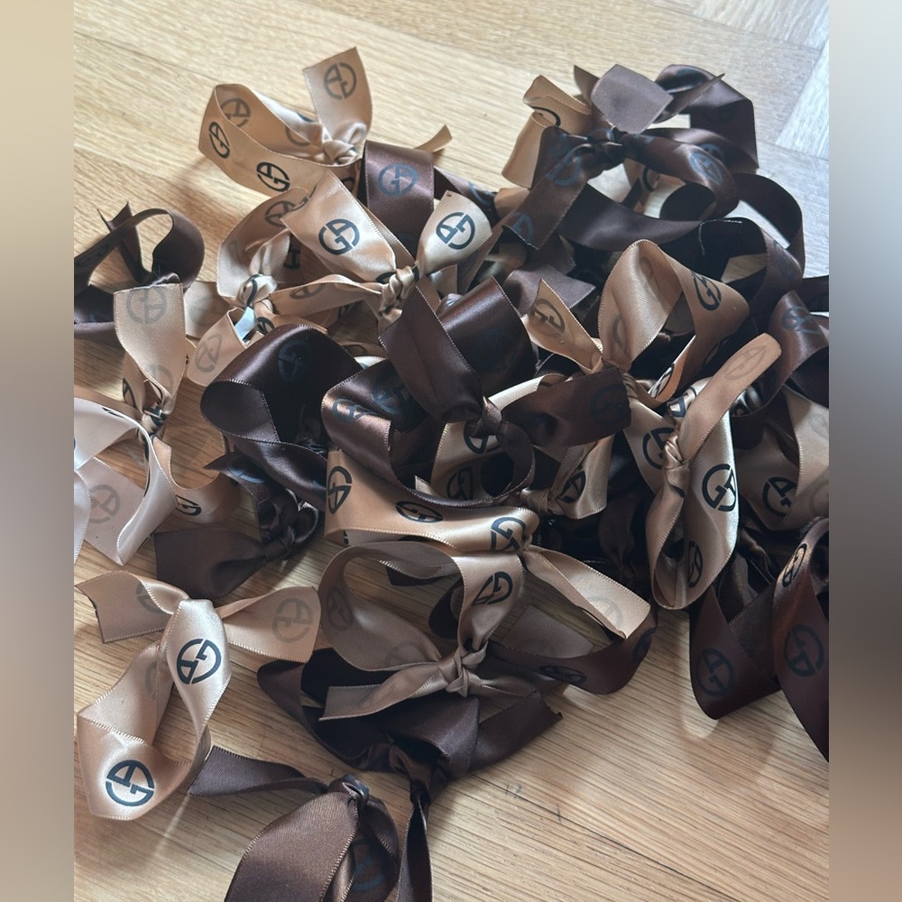 Armani Monogram Satin Bows in Brown & Beige Hair Gifting Decor Ribbon Rare!!!
